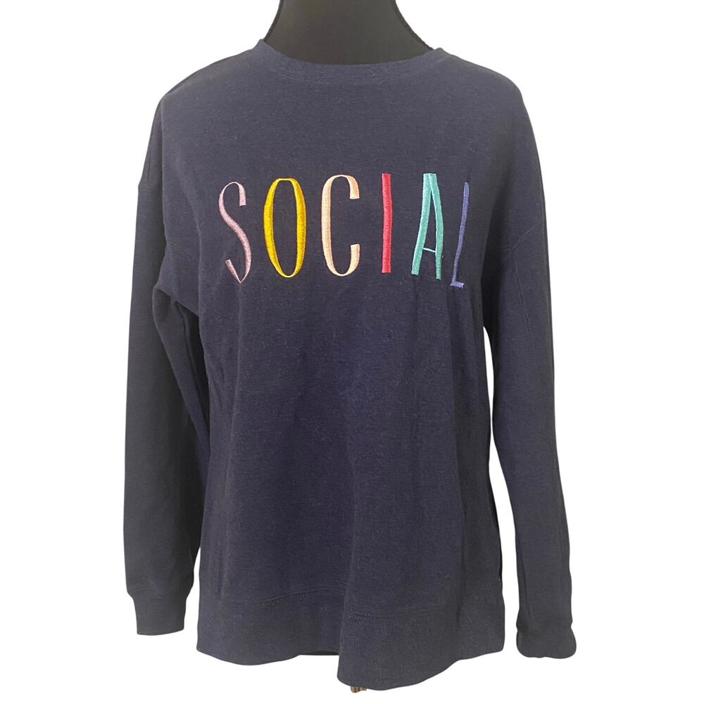 Wildfox Social Sweatshirt XS Navy Multicolor Embroidered Pullover